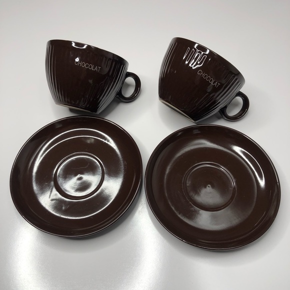 Paris Hot Chocolate Rich Brown Ridged Mugs & Saucers Cozy Winter Cups Set of 2 - Picture 5 of 12